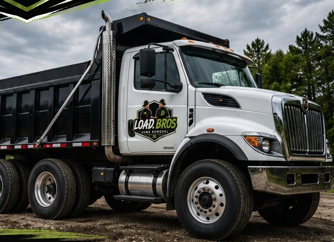 Load Bros black and white dump truck ready for junk removal